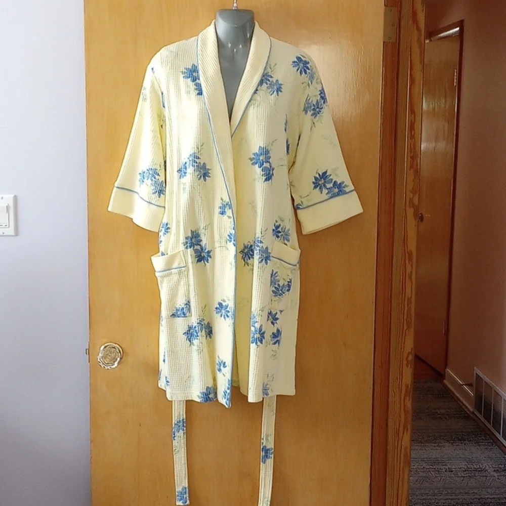 Waffle Weave Bath Robe Yellow and Blue M - Picture 2 of 13